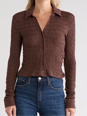 All Saints Women’s Connie Slim Fit Chic Brown Crinkle Button-Up Shirt 6 NWT